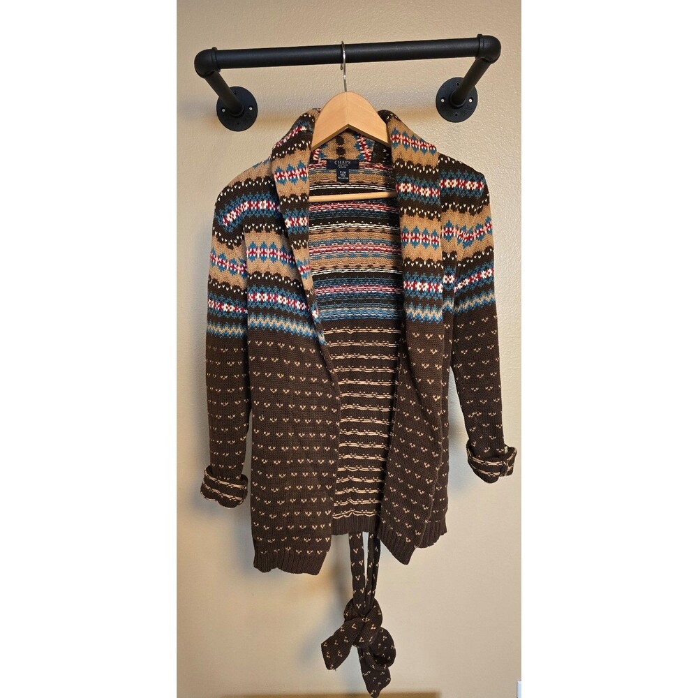 Vintage hand knit Brown Chaps cardigan with belt‎ women's size petite medium